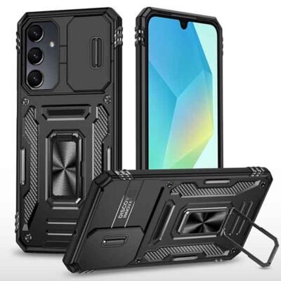 Galaxy A16 svart höggþolið hulstur með fingrahring og myndavélarhlíf