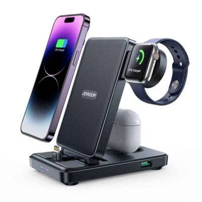 Joyroom 4 í 1 þráðlaus hleðslustöð fyrir síma, úr og AirPods - svört