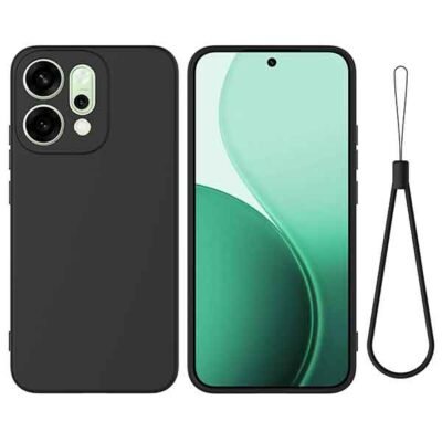 Oppo Reno 14 sílikonhulstur með úlnliðsól - Svart