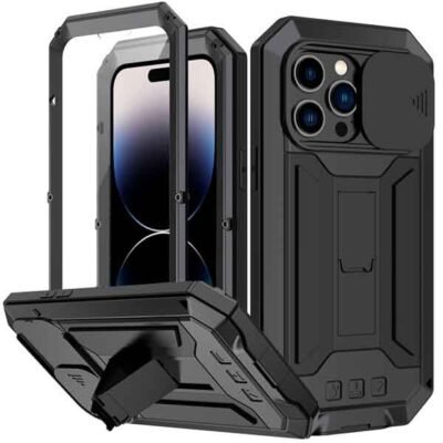 iPhone 14 Pro Max full armor hulstur með skjávörn og standi - Svart