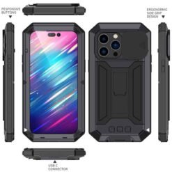 iPhone 14 Pro Max full armor hulstur með skjávörn og standi - Svart - Image 2