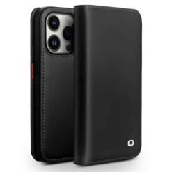 iPhone 14 Pro Max Qialino leðurveski með kortahólfum - Svart