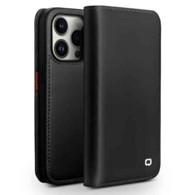 iPhone 14 Pro Max Qialino leðurveski með kortahólfum - Svart