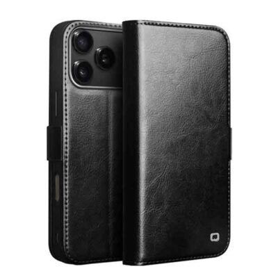 iPhone 17 Pro Max Qialino leðurveski með kortahólfum - Svart