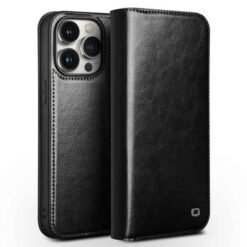 iPhone 15 Pro Max Qialino leðurveski með kortahólfum - Svart