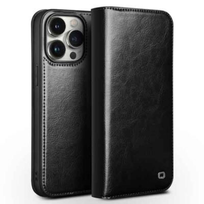iPhone 15 Pro Max Qialino leðurveski með kortahólfum - Svart