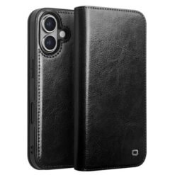 iPhone 16 Qialino leðurveski með kortahólfum - Svart