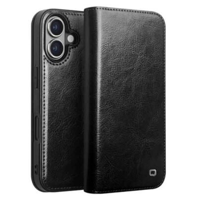 iPhone 16 Qialino leðurveski með kortahólfum - Svart