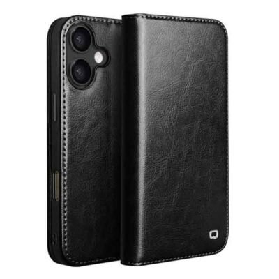 iPhone 17 Qialino leðurveski með kortahólfum - Svart