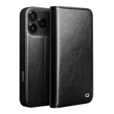 iPhone 17 Pro Qialino leðurveski með kortahólfum - Svart