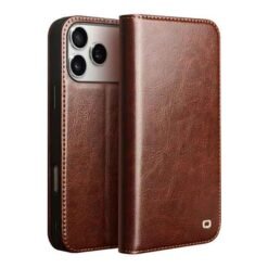 iPhone 17 Pro Qialino leðurveski með kortahólfum - Brúnt