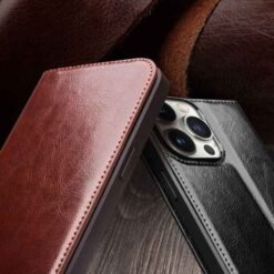 iPhone 15 Pro Max Qialino leðurveski með kortahólfum - Svart - Image 2