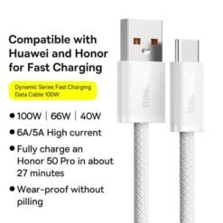 USB-A í USB-C hleðslusnúra 2 m – 100W, hvít – Baseus - Image 2