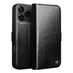 iPhone 18 Pro Max Qialino leðurveski með kortahólfum - Svart