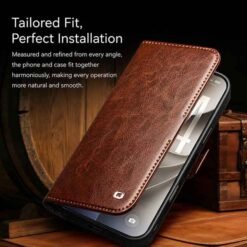 iPhone 18 Pro Max Qialino leðurveski með kortahólfum - Svart - Image 9