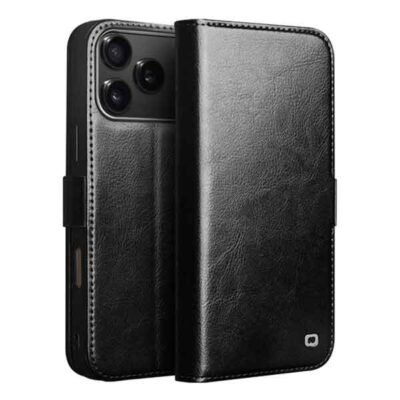 iPhone 18 Pro Qialino leðurveski með kortahólfum - Svart
